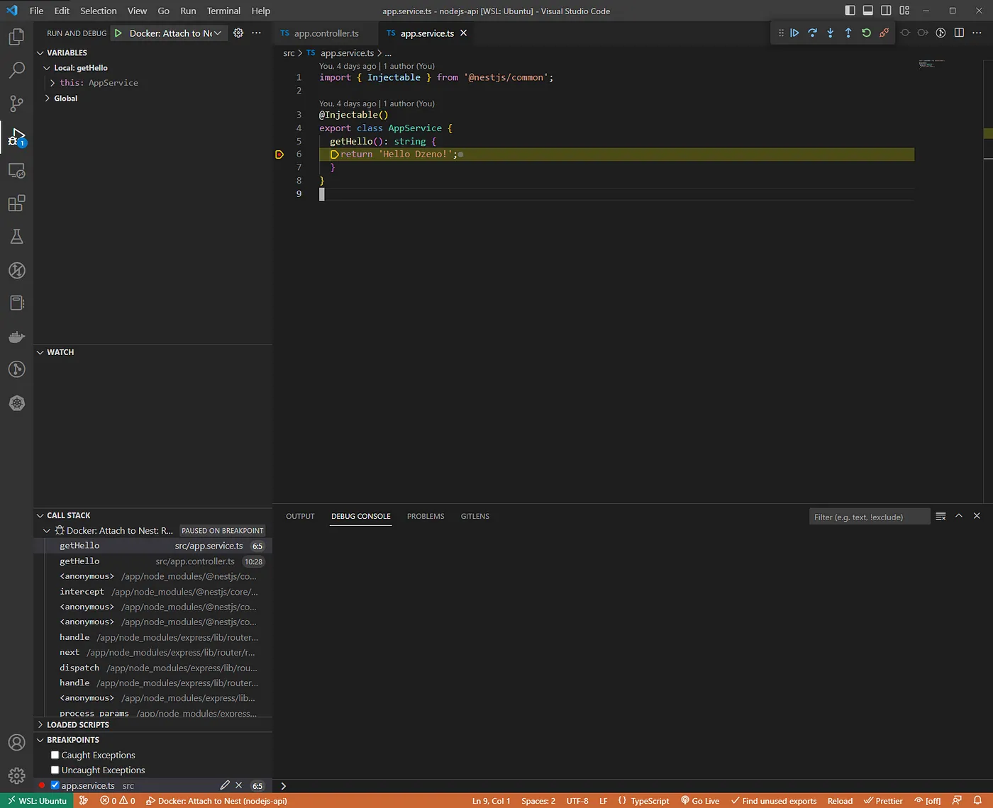 Execution hits the breakpoint in VS Code