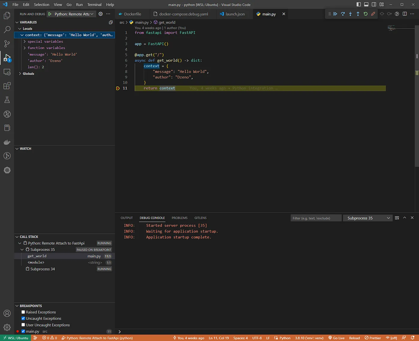 Execution hits the breakpoint in VS Code