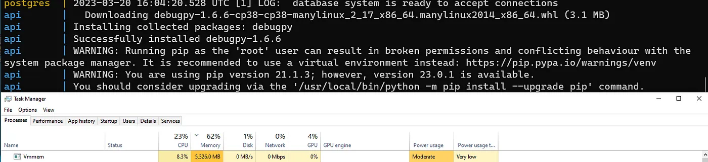RAM usage of WSL when running two simple containers and Docker Desktop