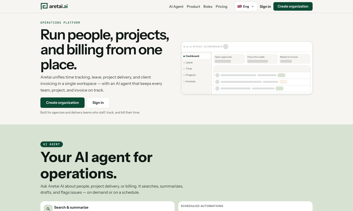Aretai landing page with the dashboard preview